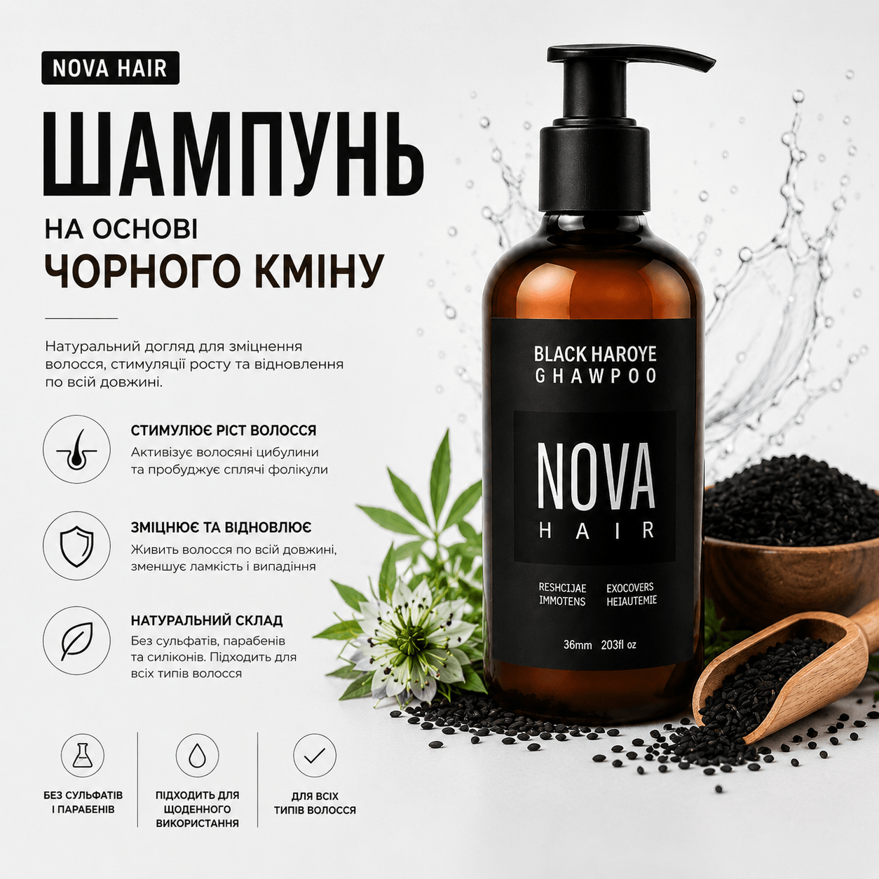 Nova Hair — Шампунь для відновлення природного кольору та від сивини